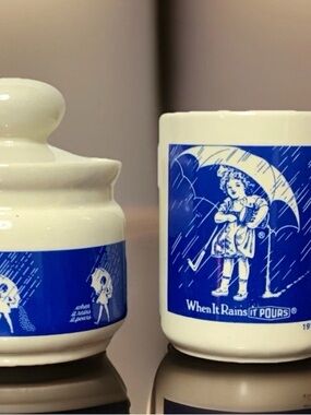 Vintage Morton’s Salt “When It Rains It Pours” Porcelain Sugar Bowl w/Lid & Mug